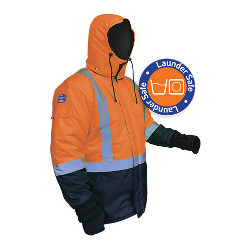 IceKing Hi Vis Taped Freezer Jacket, Orange/Navy, designed for extreme cold, features a hood, multiple pockets, and durable fabric, ideal for safety and protection in low-temperature environments.
