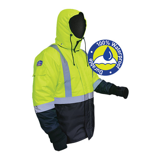 IceKing Hi Vis Taped Freezer Jacket, Yellow/Navy, displayed on a model, showcasing its protective, high-visibility design with multiple pockets, Velcro closures, and durable stitching for extreme cold conditions.