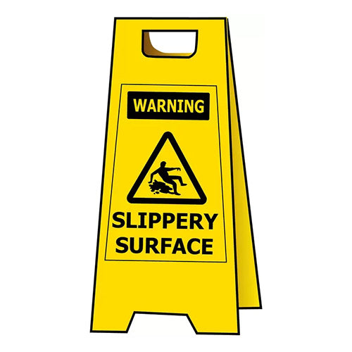 Warning Slippery Surface A-Frame Floor Stand Sign depicting a person falling within a black triangle on a yellow background, ideal for workplace safety in New Zealand's safety equipment stores like Active Safety.