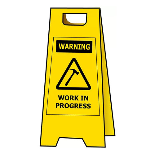 Warning Work in Progress A-Frame Floor Stand Sign, featuring a yellow background with black text and a hammer inside a triangle, suitable for workplace safety and hazard communication.