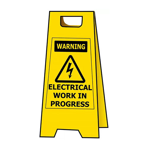 Warning Electrical Work in Progress A-Frame Floor Stand Sign displaying bold black text, ideal for alerting individuals about active electrical work. Suitable for workplace safety, aligning with Active Safety's focus on robust safety solutions.