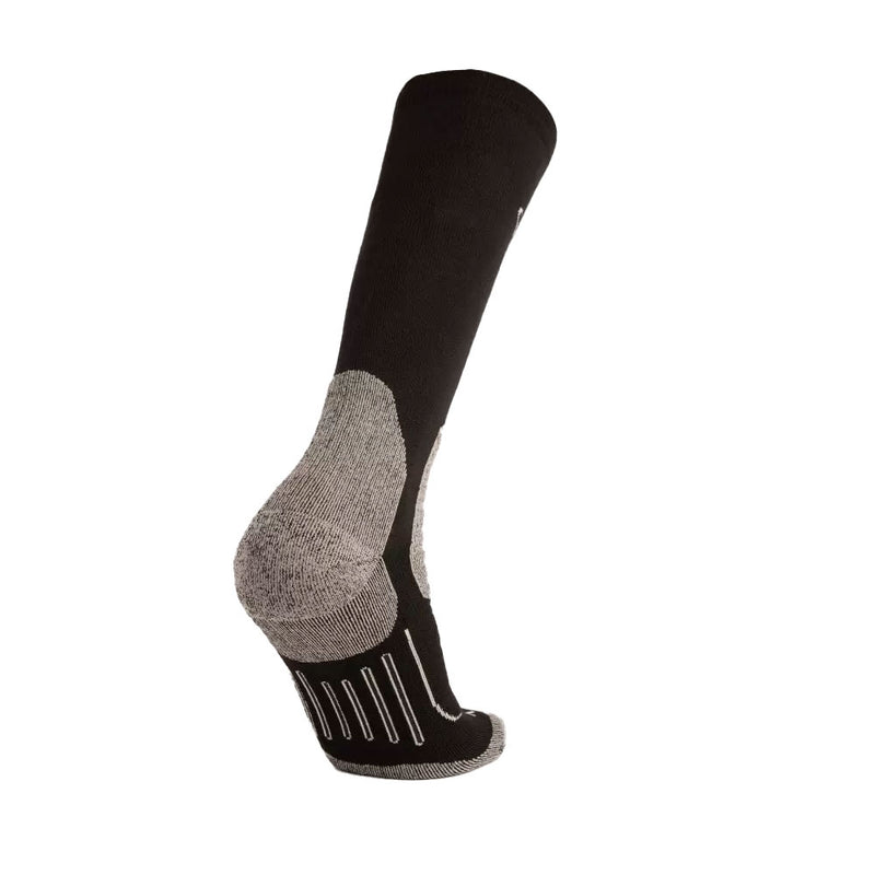 Load image into Gallery viewer, Quatro Gumboot Sock Black (2 Pack) features black athletic socks with grey reinforced heel and toe, ribbing along the sole, designed for protection and comfort, promoting blood flow and preventing slippage.