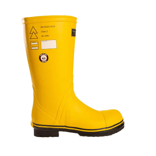 Quatro Dielectric Safety Gumboots, Yellow—bright-yellow, rubber Wellington-style boot with electrical-hazard ratings and arc-flash test marks, designed for high-voltage protection and easy visual identification, ideal for electrical workers.