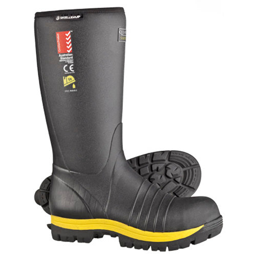Quatro Insulated Safety Gumboot, featuring a robust design with a black and yellow color scheme, ergonomic ankle support, and a rugged outsole, ideal for extreme conditions and workplace safety.