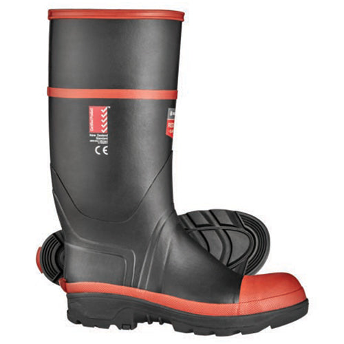Red Band Knee High Safety Gumboots featuring a sturdy design with a reinforced toe cap and a durable outsole, ideal for workplace safety. Perfect for protection against harsh elements and hazards.