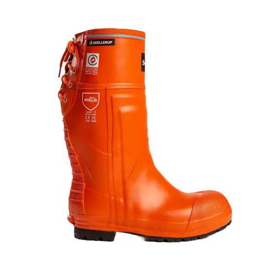 Schoen Forestry Pro Level 3 Gumboot, featuring knee-high design, steel toecap, fire-retardant rubber sole, and ultimate chainsaw protection, ideal for demanding forestry work environments.