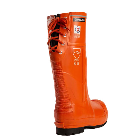 Schoen Forestry Pro Level 3 Gumboot featuring knee-high design, laces, steel toecap, and fire-retardant rubber sole, ideal for tough conditions; perfect for safety and forestry applications.