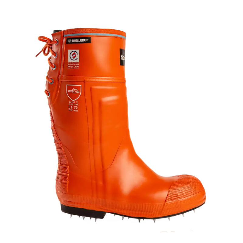 Load image into Gallery viewer, Schoen Forestry Pro Spiked Level 3 Gumboot, a knee-high rubber boot with a steel toecap and spiked sole, designed for ultimate grip and chainsaw protection in forestry environments.