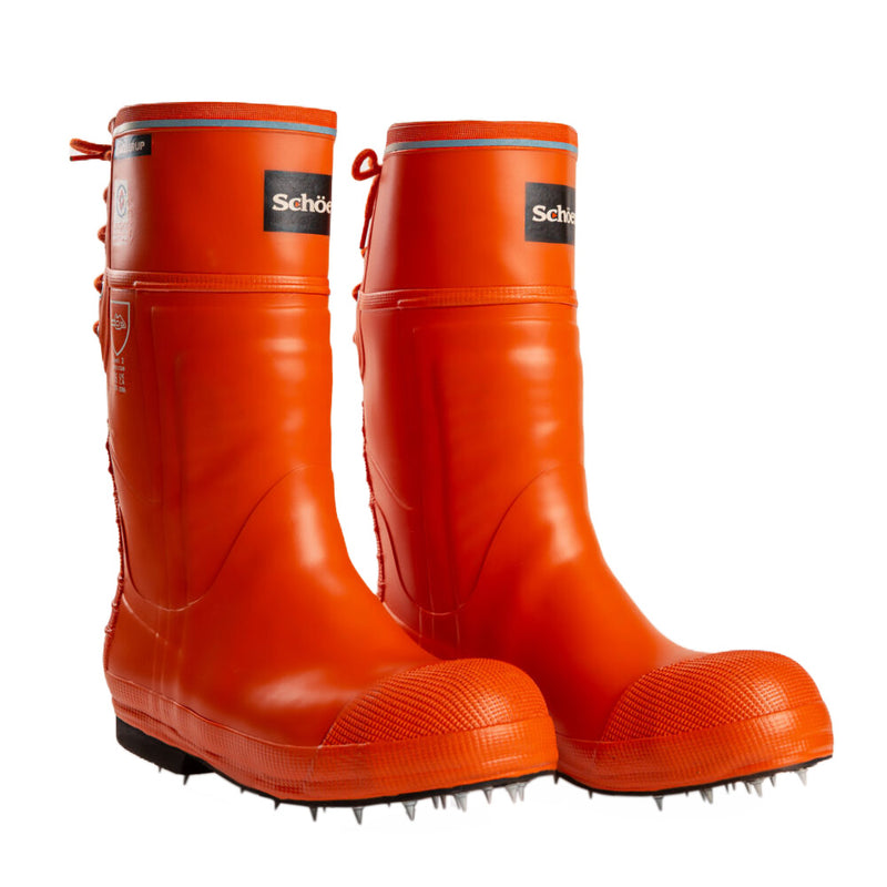 Load image into Gallery viewer, Schoen Forestry Pro Spiked Level 3 Gumboot, knee-high rubber boot with a steel toecap, durable molded rubber sole, and stainless steel spikes, designed for extreme forestry conditions, showcasing Skellerup's quality craftsmanship.