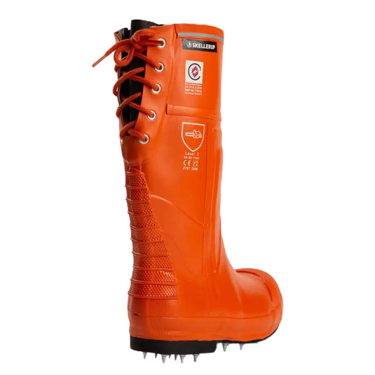 Schoen Forestry Pro Spiked Level 3 Gumboot featuring a knee-height design with a steel toecap and fire-retardant molded rubber sole, equipped with stainless steel spikes for enhanced grip and chainsaw protection.