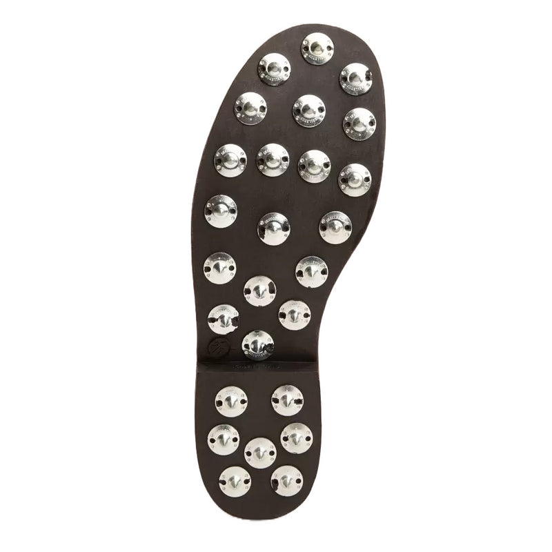 Load image into Gallery viewer, Schoen Forestry Pro Spiked Level 3 Gumboot features a durable rubber sole with silver studs and replaceable stainless steel spikes, designed for extreme grip and chainsaw protection in tough conditions.