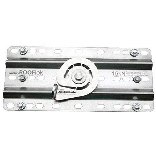 Ferno ROOFlok Temporary Anchor Point, featuring a compact metal plate with a round object and nut, designed for easy roof attachment and enhanced safety with a 360-degree swivel shock limiter.