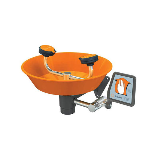Guardian Eye/Face Wash Wall Mounted – Plastic Bowl, featuring dual FS-Plus spray heads for effective rinsing. Includes an ANSI-compliant sign and heavy-duty wall bracket, ideal for safety-conscious workplaces.