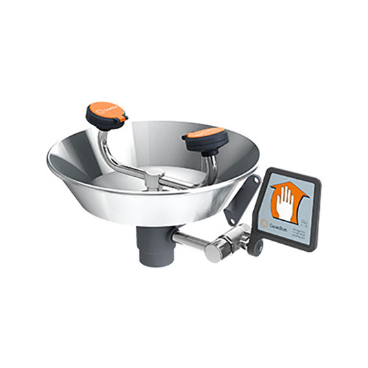 Guardian Eye/Face Wash Wall Mounted Stainless Bowl, featuring a stainless steel basin with dual FS-Plus™ spray heads and a chrome-plated brass valve, designed for effective eye and face rinsing.