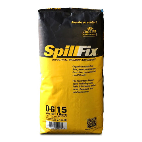 SpillFix Absorbent Peat 15L in a yellow and black bag with bold black text, designed for immediate spill absorption, ensuring a safe, non-hazardous work environment. Ideal for industrial safety needs.
