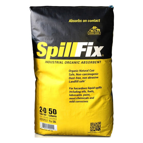 SpillFix Absorbent Peat 50L in a yellow and black bag with bold black text, featuring a yellow and white logo. Designed for safe spill management in industrial settings, ideal for safety-conscious workplaces.