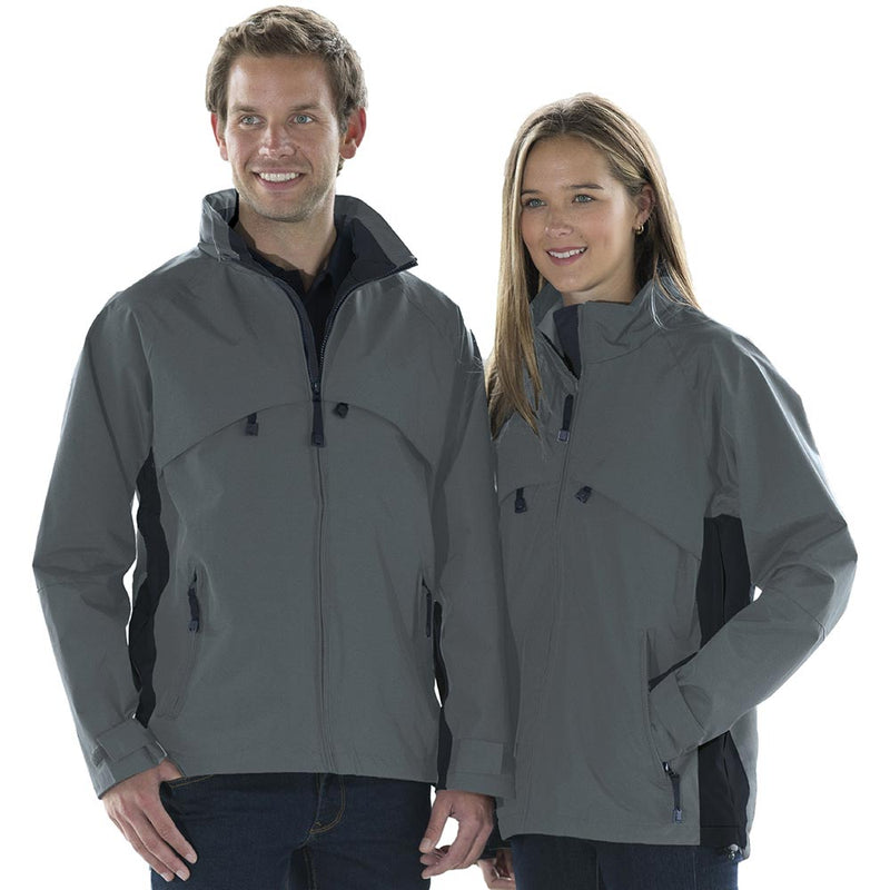 Load image into Gallery viewer, Gravity Ripstop Lined Jacket showcased on a man and woman, featuring a tapered fit with front zippered pockets, underarm ventilation, and a hidden tuck away hood, ideal for safety and work environments.