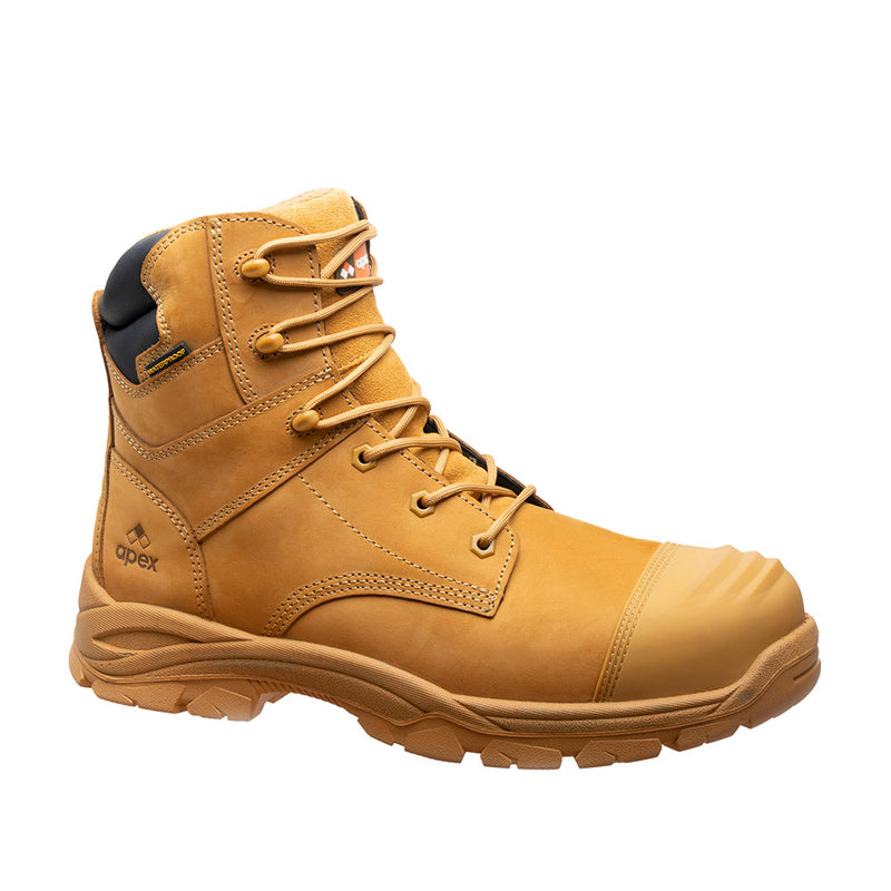 Load image into Gallery viewer, Apex Goldie Safety Boots with black sole and lace-up design. Features include a visible YKK zip and reinforced toe cap, emphasizing durability and functionality for workplace safety.