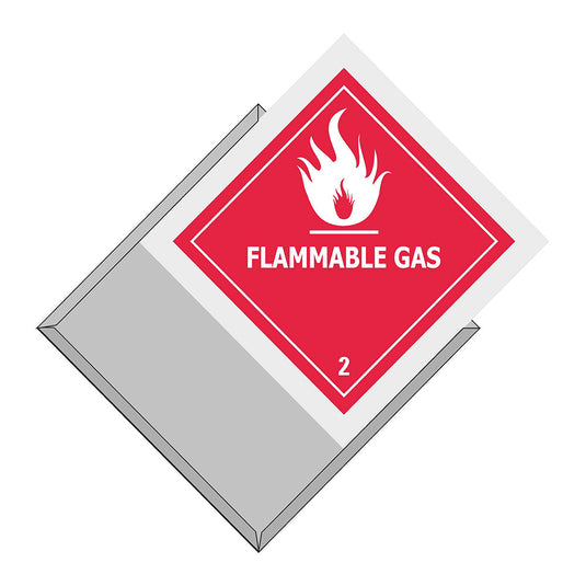 Galvanised Placard Holder 295 x 295 securely displays a hazardous-materials placard with a white flame pictogram labeled FLAMMABLE GAS and hazard class number 2, highlighting its suitability for safety compliance needs.