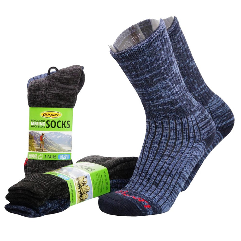 Load image into Gallery viewer, Grisport Merino Wool Blend Socks: Pack/2 featuring mid-calf hiking socks in heathered navy/blue and dark-grey. Packaged with a green label highlighting comfort, moisture management, and durability. Ideal for active safety and outdoor activities.