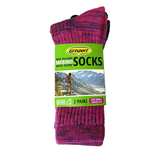 Grisport Merino Wool Blend Socks: Pack/2 features two pairs of ladies’ hiking socks in pink and dark marled knit, ideal for warmth and comfort during active pursuits.