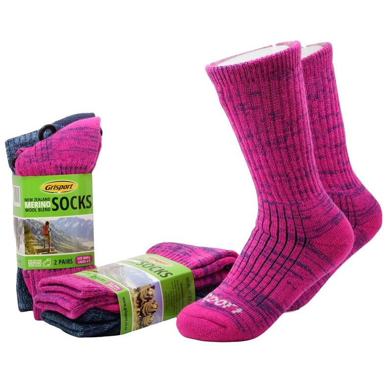 Load image into Gallery viewer, Grisport Merino Wool Blend Socks: Pack/2 features a bright pink and dark blue marled knit design, with ribbed cuffs and reinforced footbeds, ideal for warmth and comfort in active outdoor settings.