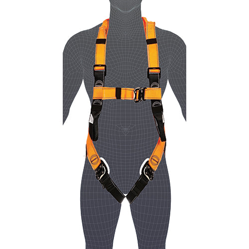 Mannequin displaying the LINQ Full Body Harness With Quick Release Buckles, featuring a large dorsal Dee ring and front belay loops. Perfect for fall arrest and other safety applications.