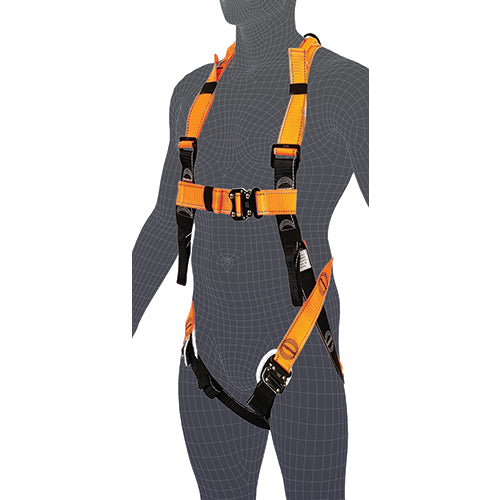 Load image into Gallery viewer, LINQ Full Body Harness With Quick Release Buckles showcased on a mannequin, highlighting its large dorsal D-ring and front belay loops, designed for various safety applications and engineered to meet AS/NZS standards.