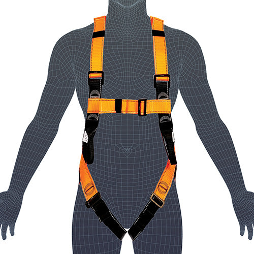 LINQ Essential Harness on a mannequin, showcasing its full-body design with a large dorsal D-ring and front belay loops, ideal for fall arrest, scaffolding, and other height safety applications.