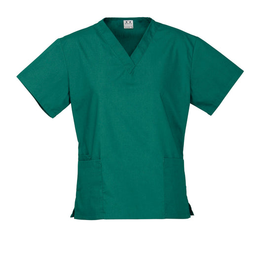 Bizcare Womens Classic Scrub Top featuring a traditional V-neck and lower front pockets with functional concealed inner pockets. Made from high-performance, soft-touch fabric with natural stretch for comfort.