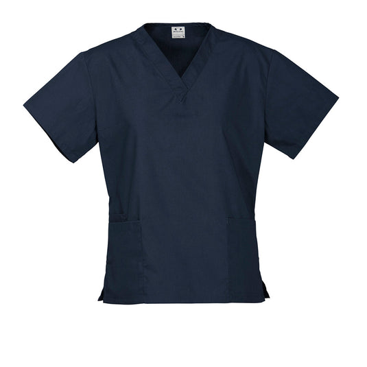 Bizcare Womens Classic Scrub Top featuring a V-neck design and functional lower front pockets with concealed inner pockets, crafted from high-performance, natural stretch fabric for comfort; ideal for workplace uniforms.