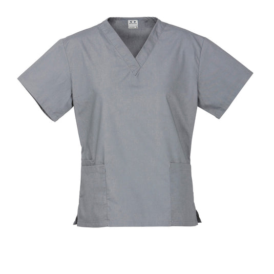 Bizcare Womens Classic Scrub Top featuring a traditional V-neck design with lower front pockets and concealed inner pockets, crafted from high performance, natural stretch fabric for comfort and durability.