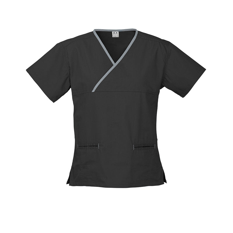 Load image into Gallery viewer, Biz Womens Contrast Scrub Top features a stylish crossover design with contrast trim, natural stretch fabric, and front welt pockets, ideal for demanding environments and high-temperature laundering up to 80°C.