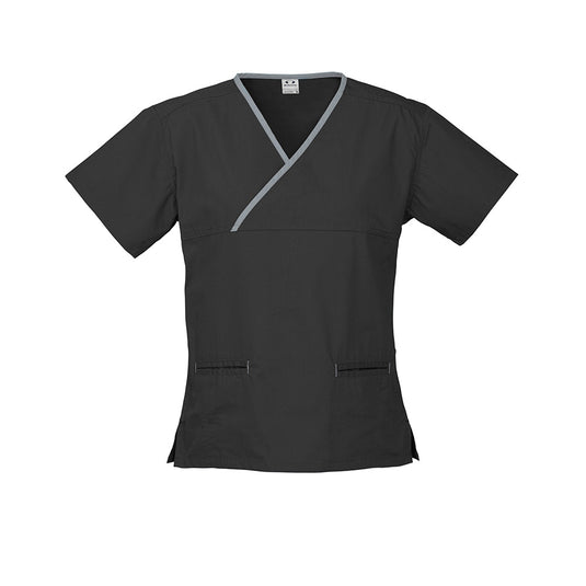 Biz Womens Contrast Scrub Top features a stylish crossover design with contrast trim, natural stretch fabric, and front welt pockets, ideal for demanding environments and high-temperature laundering up to 80°C.