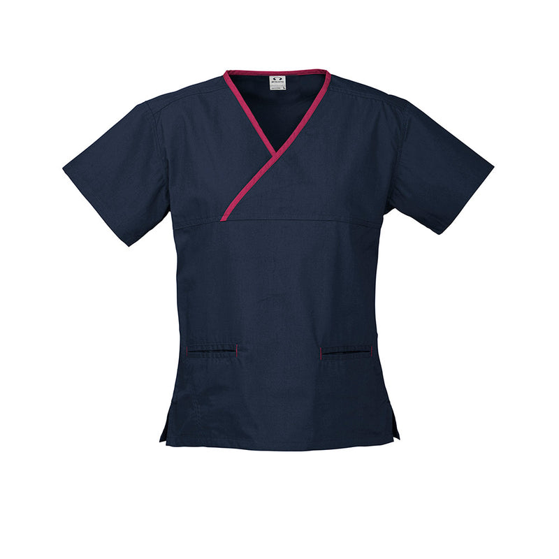 Load image into Gallery viewer, Biz Womens Contrast Scrub Top, designed for demanding environments, features a stylish crossover with contrast trim, natural stretch fabric for movement, and front welt pockets with contrast stitching, ideal for workplace identity.