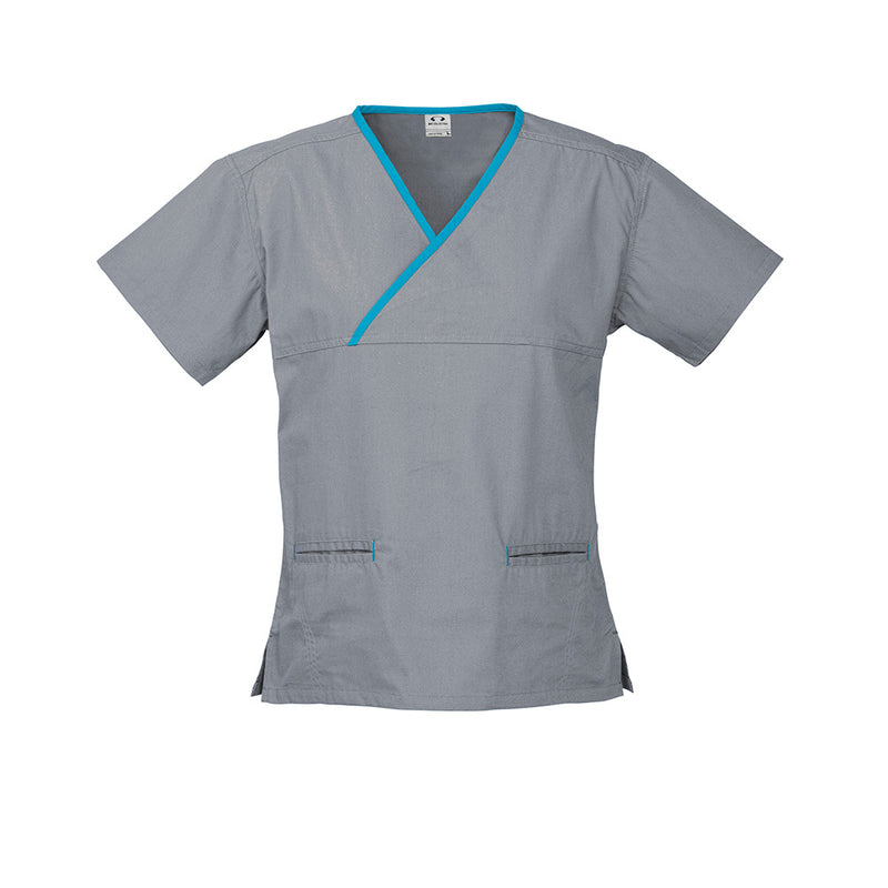 Load image into Gallery viewer, Biz Womens Contrast Scrub Top features a stylish crossover design with contrast trim and two front welt pockets. Made from soft, stretchable fabric, it ensures comfort and durability for demanding workplaces.