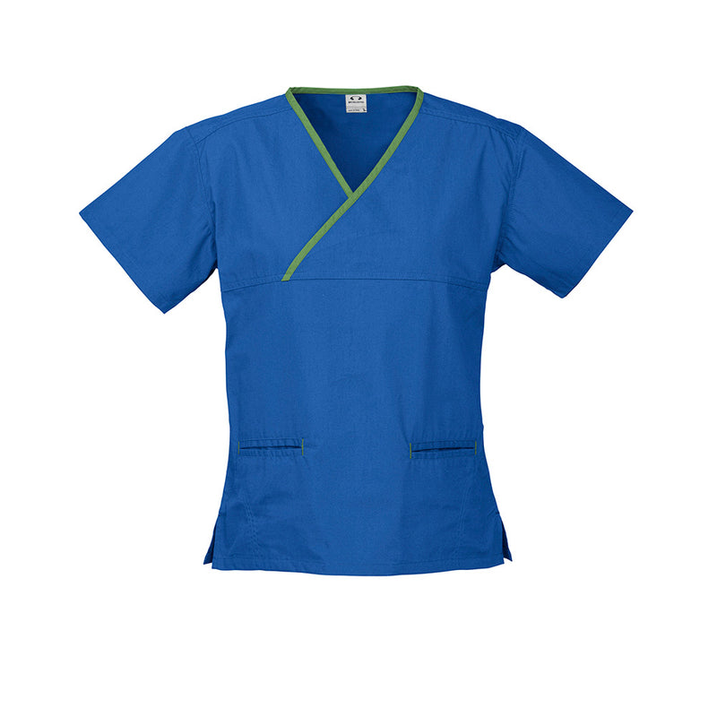Load image into Gallery viewer, Biz Womens Contrast Scrub Top features a stylish crossover design with contrast trim, two front welt pockets with contrast stitching, and side splits, crafted from high-performance soft-touch fabric for comfort and durability.