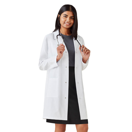 Biz Unisex Classic Lab Coat with a traditional notched collar, stud button closure, and functional pockets. Made from easy-care polyester-cotton twill, it offers comfort and natural stretch, ideal for various professional environments.