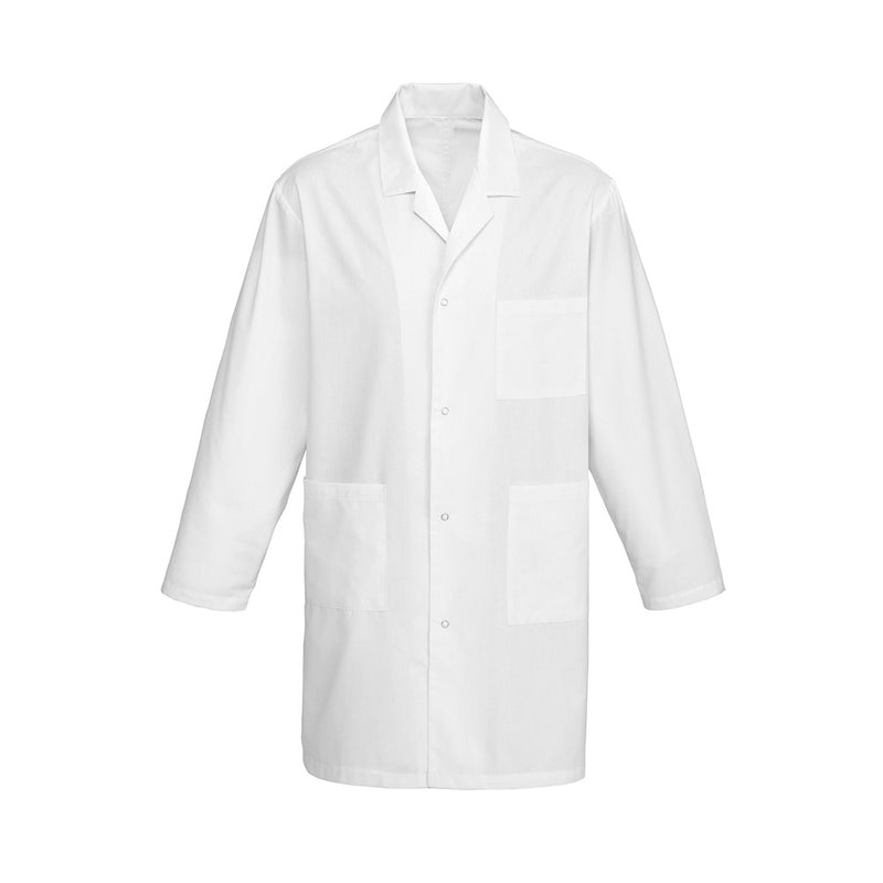 Load image into Gallery viewer, Biz Unisex Classic Lab Coat featuring a traditional notched collar, 3/4 length, stud button closure, and functional pockets. Made from easy-care, wrinkle-resistant polyester-cotton twill with natural stretch for comfort.