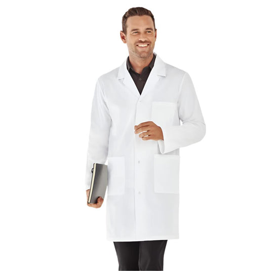 Biz Unisex Classic Lab Coat features a notched collar, stud button closure, and functional pockets. Made from soft, wrinkle-resistant polyester-cotton twill, it offers comfort with natural stretch and a 3/4 length design.