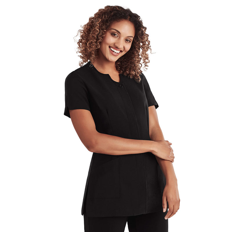 Load image into Gallery viewer, Biz Womens Eden Tunic showcased on a woman, featuring a collarless, button-through design with a V-shaped neck, action-back pleat, and front pockets, ideal for professional settings and crafted for superior comfort.