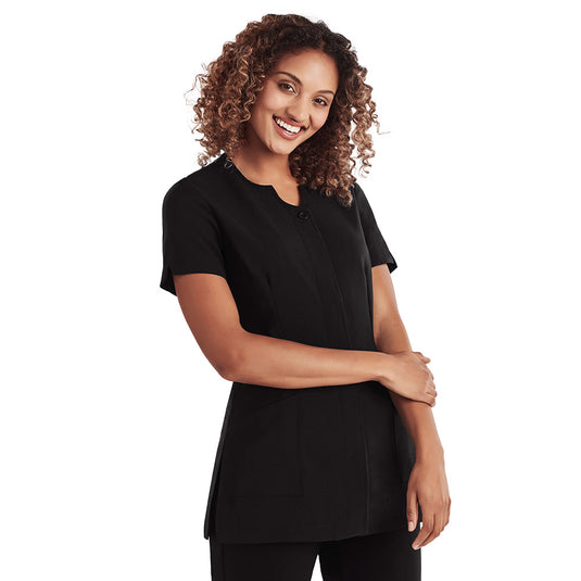 Biz Womens Eden Tunic showcased on a woman, featuring a collarless, button-through design with a V-shaped neck, action-back pleat, and front pockets, ideal for professional settings and crafted for superior comfort.