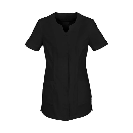 Biz Womens Eden Tunic features a sleek, collarless design with a button-up front, V-neck, and hip pockets, ideal for professional settings. The tunic's longer line and side splits enhance its functional style.
