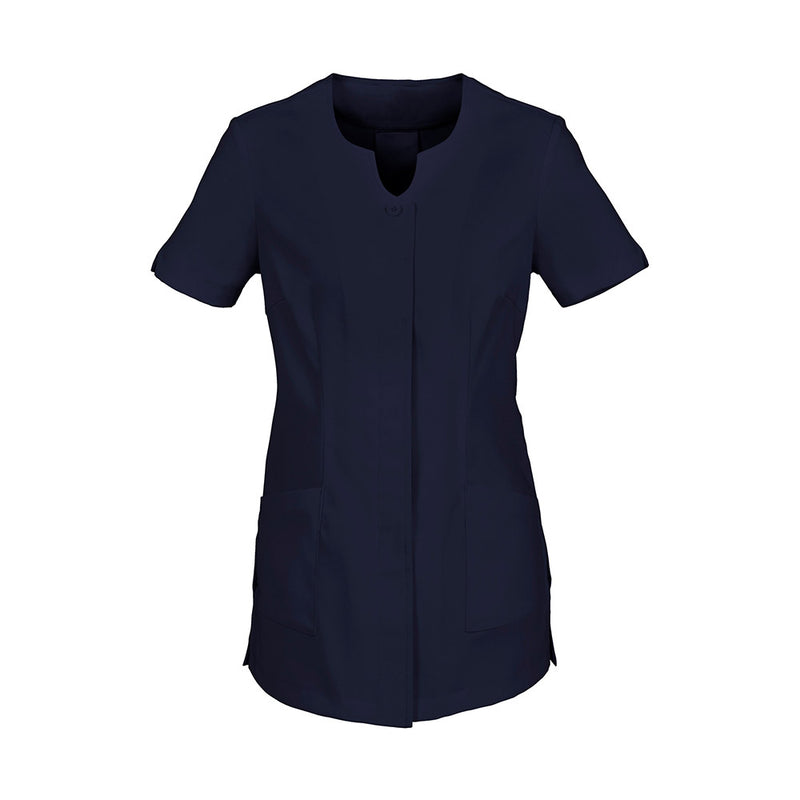 Load image into Gallery viewer, Biz Womens Eden Tunic, featuring a collarless design with a V-neck, button-through front, hip pockets, and an action back pleat, crafted for stylish professionals seeking comfort and functionality.