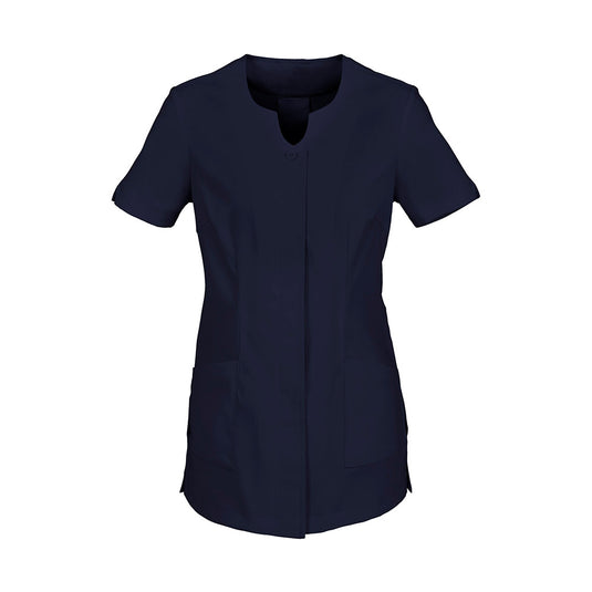 Biz Womens Eden Tunic, featuring a collarless design with a V-neck, button-through front, hip pockets, and an action back pleat, crafted for stylish professionals seeking comfort and functionality.