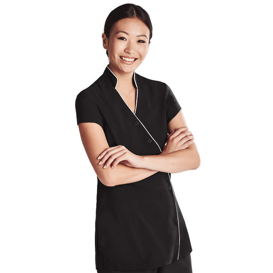 Biz Womens Zen Tunic features a button-through crossover design with a Mandarin collar and deep side splits, crafted from satin back 2-way stretch fabric with Teflon® stain release for professional beauty settings.