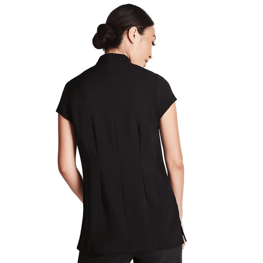 Biz Womens Zen Tunic featuring a classic button-through crossover design, Mandarin collar, and deep side splits. Made of satin back 2-way stretch fabric with Teflon® stain release for beauty professionals.