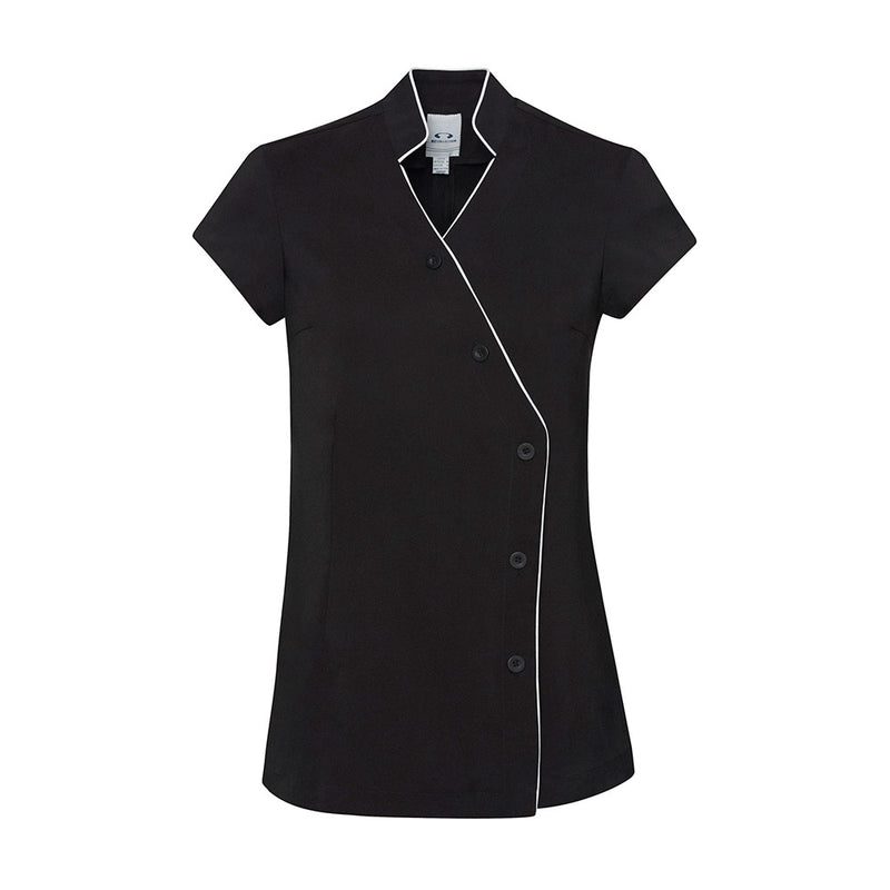 Load image into Gallery viewer, Biz Womens Zen Tunic, a professional workwear piece featuring a Mandarin collar and button-through design, crafted from stain-resistant stretch fabric with deep side splits for enhanced comfort and mobility.