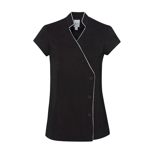 Biz Womens Zen Tunic, a professional workwear piece featuring a Mandarin collar and button-through design, crafted from stain-resistant stretch fabric with deep side splits for enhanced comfort and mobility.