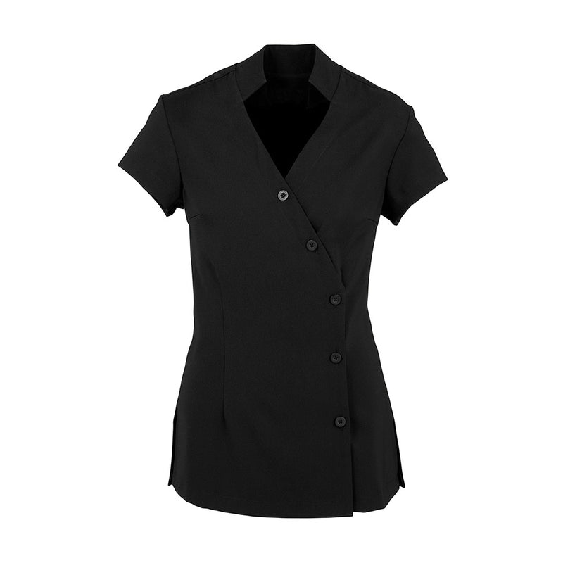 Load image into Gallery viewer, Biz Womens Zen Tunic featuring a button-through crossover design with a Mandarin collar and deep side splits, crafted from stain-resistant, stretch fabric for comfort and elegance without pockets.